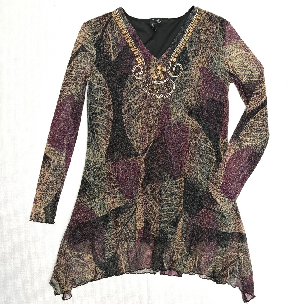 y2k A Byer Tunic Top Metallic Mesh Leaf Print Embellished Size M Multicolor
